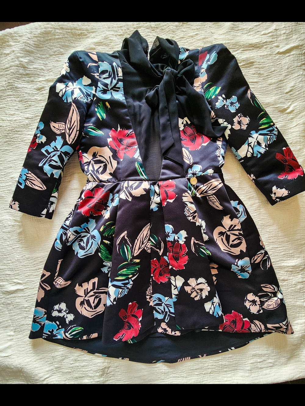 Mangano- Bow-Front Fit & Flare Dress - Black with Red, Blue and Cream Flowers